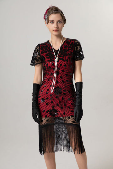 Sparkly Black Golden Fringed V Neck 1920s Dress with Short Sleeves